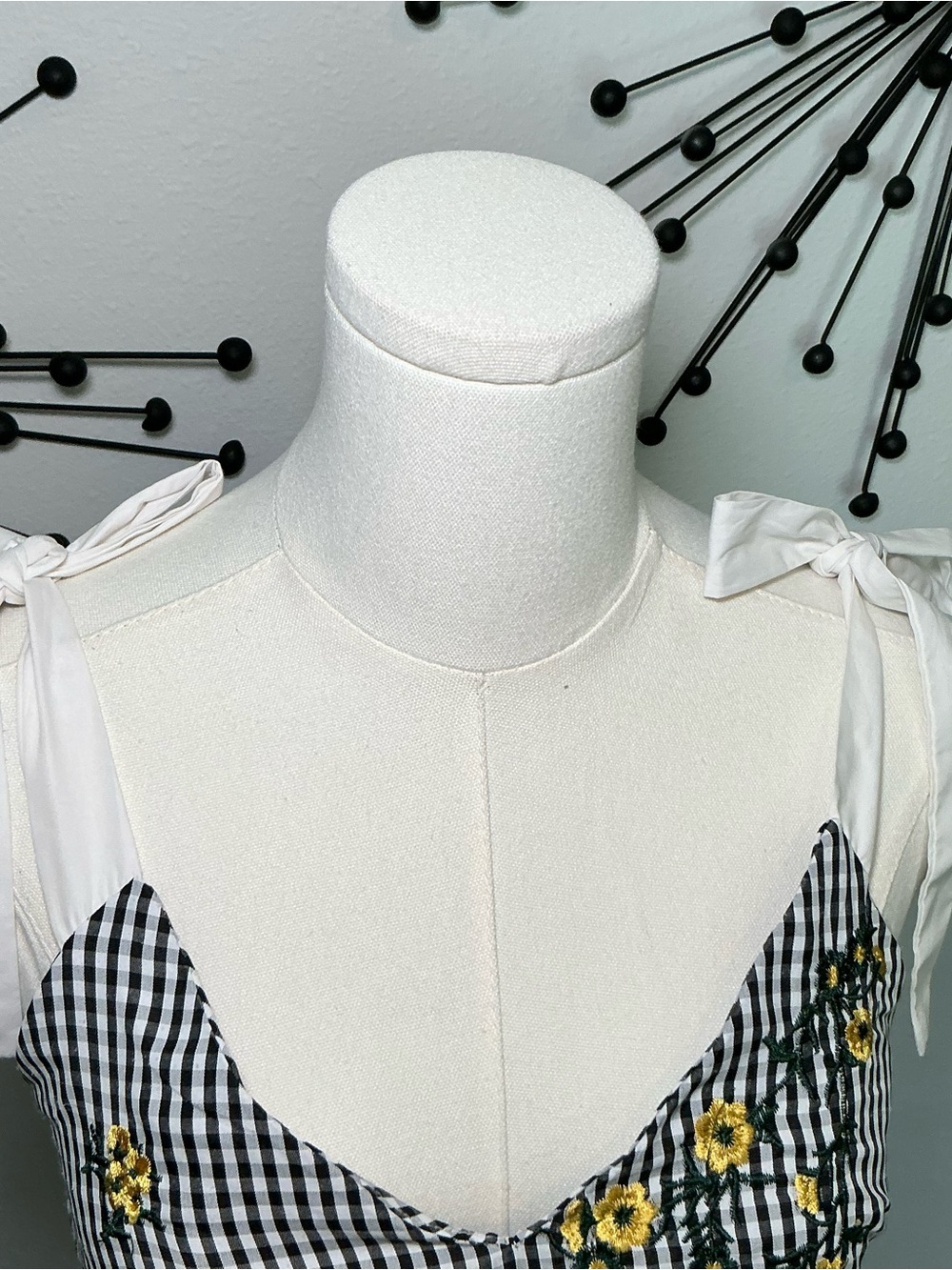 Shein Gingham Floral Embroidered Tie Strap Peplum Top Size Small Cottagecore - Picture 4 of 6